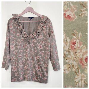 Chaps Ruffle V-neck Blouse Size XL Green Floral Country 3/4 Sleeves Cotton